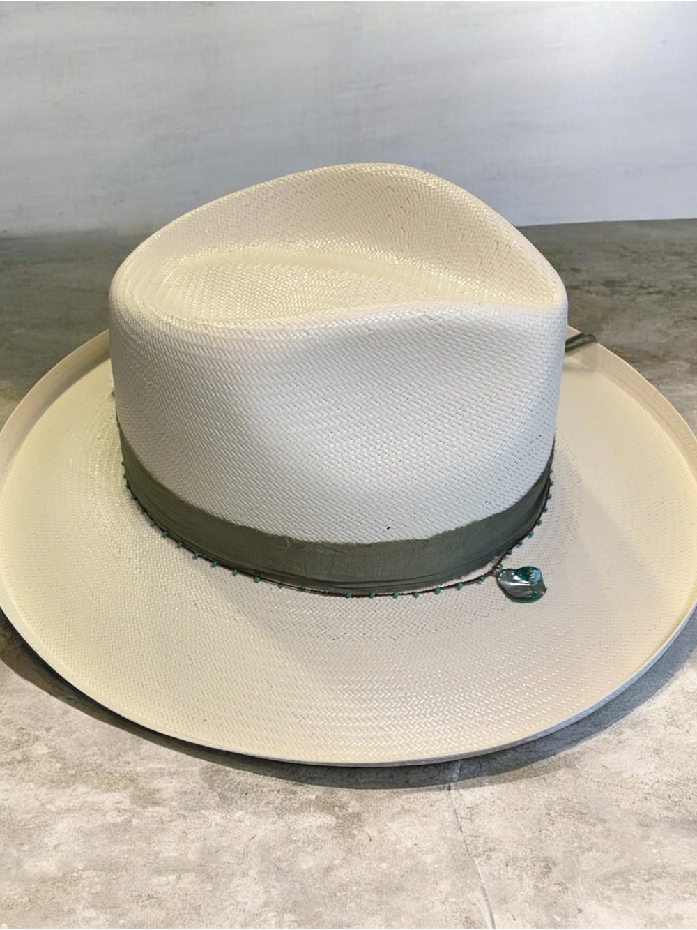 Stetson White Straw Fedora with Olive Band and Charm - Picture 3 of 4